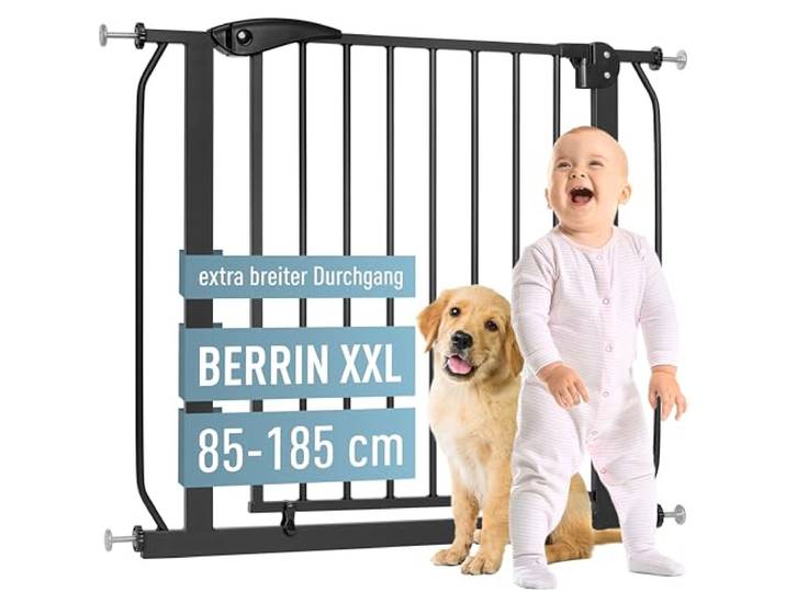 ib style Berrin XXL Absperrgitter 85-185cm, Ohne Bohren, Türschutzgitter Kinder, Hunde Gitter, Schwarz, 150-160 cm