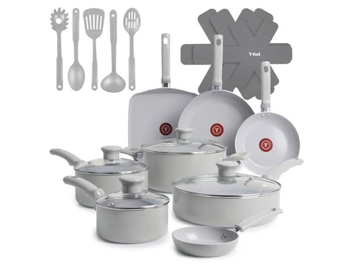 T-fal Refresh Ceramic Antihaft-Kochgeschirr-Set, 20-teilig, ofenfest, 100 °C, Küchenset mit Eierpfanne, Bratpfannen, Kochtöpfen, Grillpfanne, Schmortopf, Dutch Oven und Utensilien, Töpfe, Pfannen,