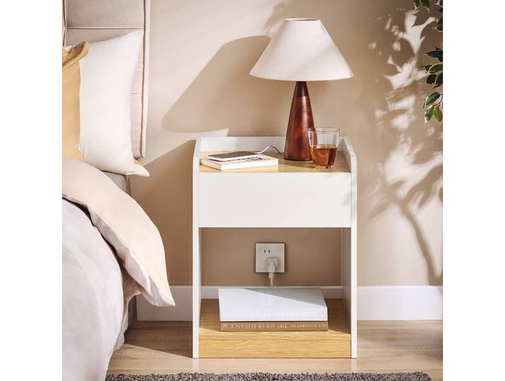 SoBuy Table de chevet FBT128-WN avec tiroir de gestion des câbles et compartiment ouvert pour chambre blanc B45xT40xH55cm