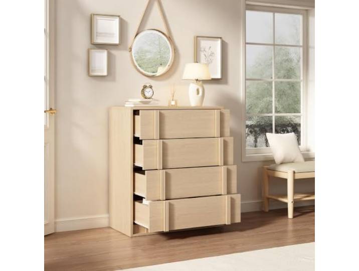 GarveeMore 4-Schubladen-Kommode aus Holz – Moderne Beistellkommode mit vertikalem Griff in Natürlicher Eichenoptik
