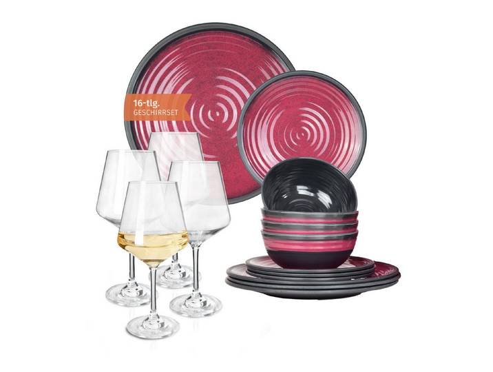 Moritz Geschirr-Set Camping Geschirr Stone Red + Milano Weißweingläser