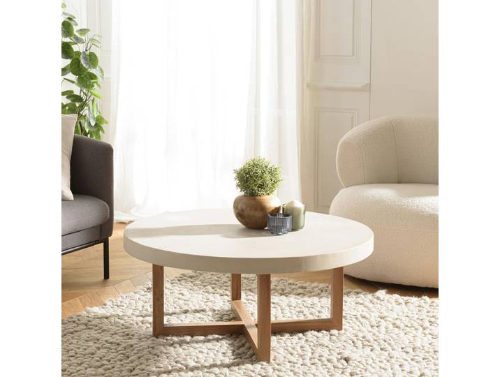 Table basse ronde béton beige pieds bois croisés DIKA