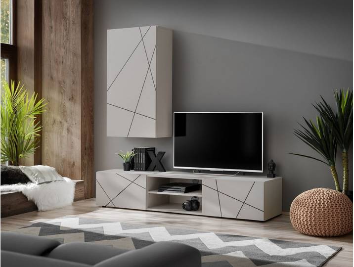 ASM-Moebel Wohnwand Wohnwand Anbauwand Wohnzimmer Schrankwand GEO Cashmere, Mit Push-Click System und Geprinteten Fronten.