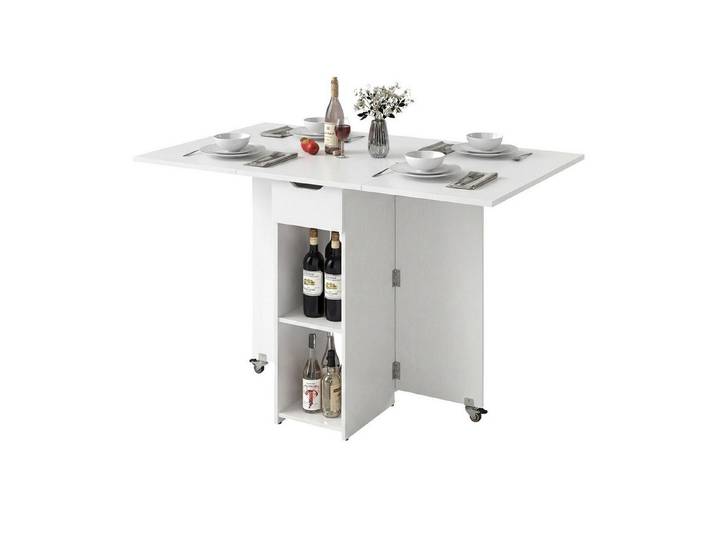 COSTWAY Esstisch, Klapptisch mit 2 Rädern, 2-stufiger Ablagefläche & Schublade