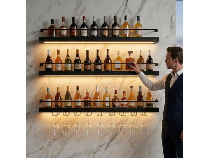 Alkmla 120CM Metall Wandmontiertes Weinregalq, Schwar Weinflaschenregal Glasständer & platzsparendes Wandregal, hängendes Getränkeregal für Küche, Hausbar, Café