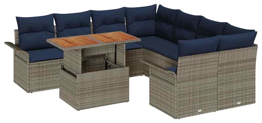 Garten-Sofa-Set mit Speicher 9 pcs Grau Poly Rattan