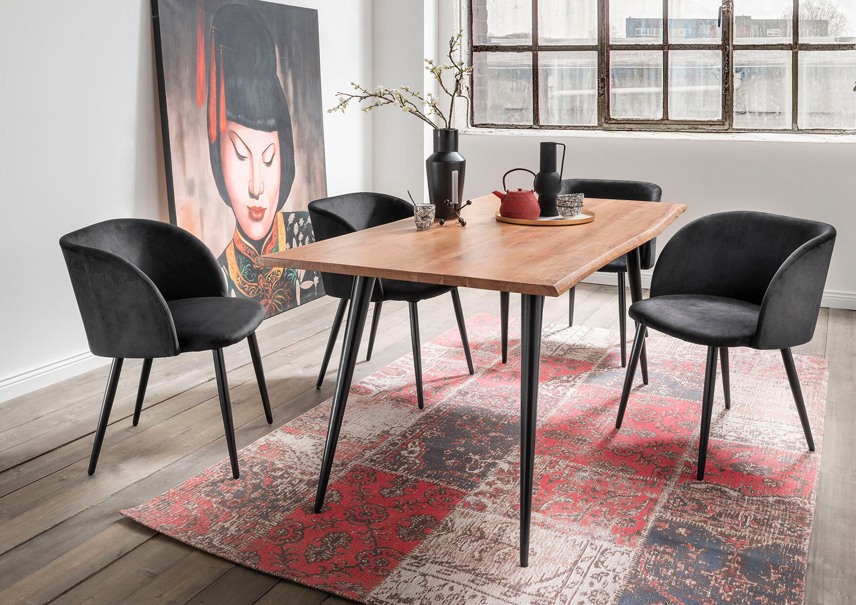 Esstisch PAROLI "Hannah", braun (akazie, schwarz, akazie), H:75cm, Tische, Esstisch, in 3 Breiten akazie, schwarz, akazie B/H/T: 140cm x 75cm x 90cm