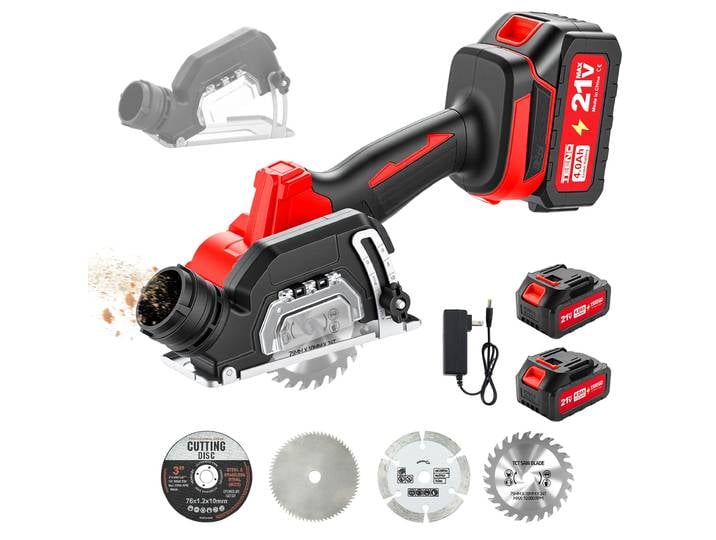 TEENO Scie circulaire sans fil\, 2x4000 mAh batteries\, 20000 tr/min\, Mini scie circulaire\, 4 lames incluses (76 mm)\, Pour bois