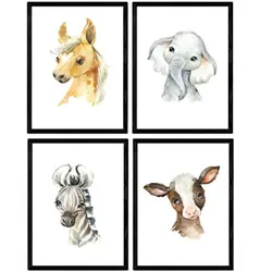POSTER Set mit 4 Elefantenkuh Pferd und Zebra A3 Schwarzer Rahmen