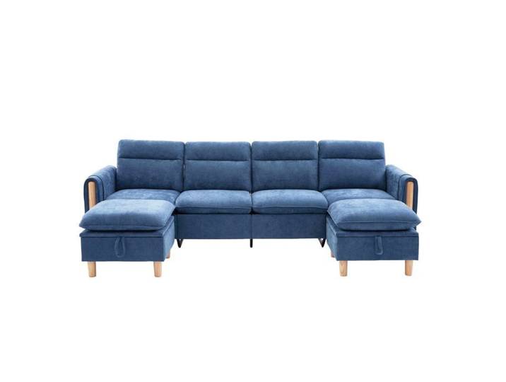 Canapé modulable U 4 places bleu chenille avec poufs
