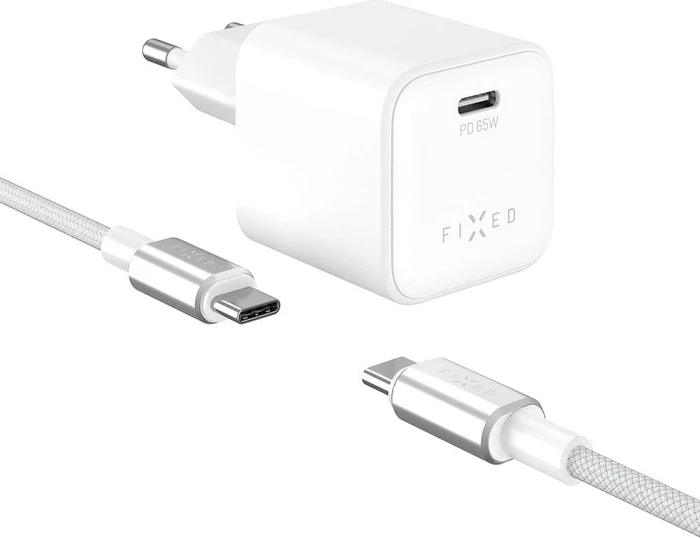 FIXED Mini GaN mit USB-C Ausgang und USB-C / USB-C Kabel 2 m Unterstützung PD 65 W weiß