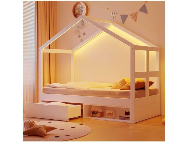 VUENOR Lit cabane 90x190 cm blanc – LED tiroir rangement chaussures sans matelas