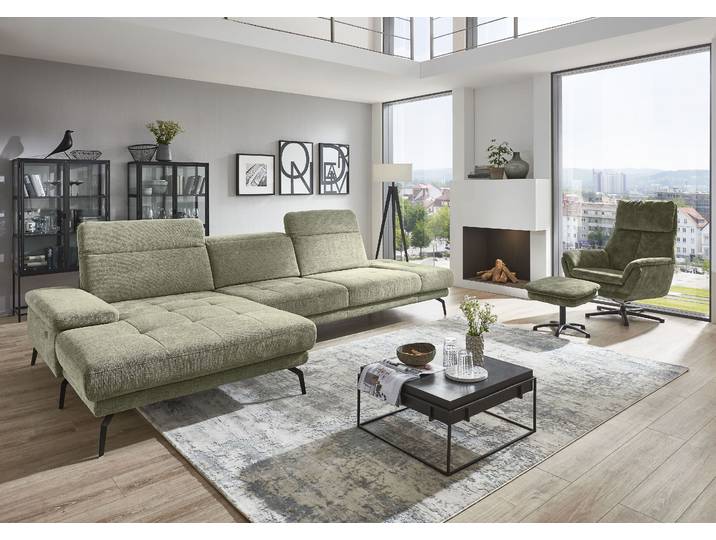 Ecksofa, Polyester, Grün 328×190 cm, Kopfteil- & Sitztiefenverstellung, Modern, DIE PLANBAR