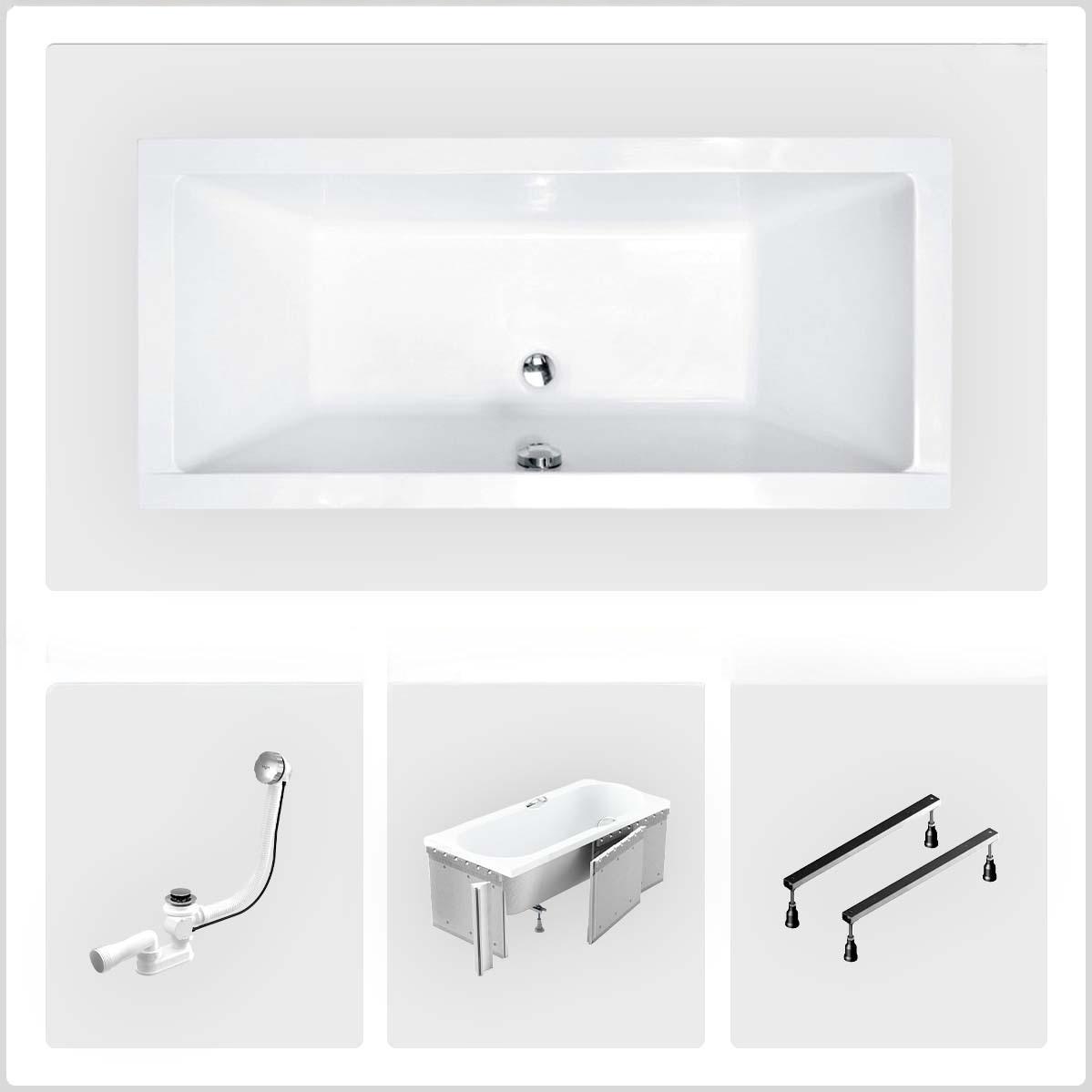 Rechteckige Badewanne - 170 x 75 cm - mit Verkleidung - Füße - Chromablauf - QUADRO