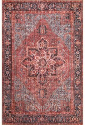 Domani Grove Machine Washable Distressed Oriental Red Medallion Area Rug