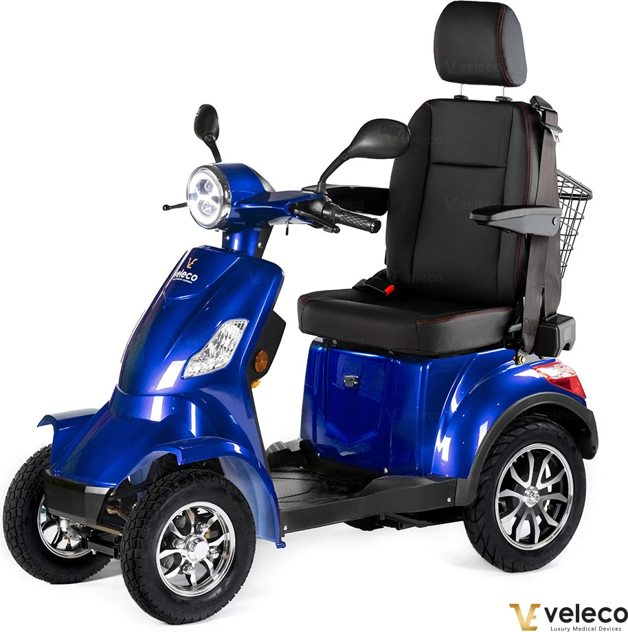 Veleco Faster - 4-Rad Mobilitätsroller mit Kapitänssitz - hohe Rückenlehne - 12 km/h - 1000 Watt Seniorenmobil - Kopfstütze - Elektromobil (Blau)