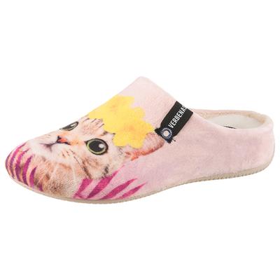 Pantoffel VERBENAS "York Animal Pelo", Damen, Gr. 37, rosa bunt, Textil, Schuhe, Hausschuh, Clog, Homeslipper mit süßem Katzenmotiv