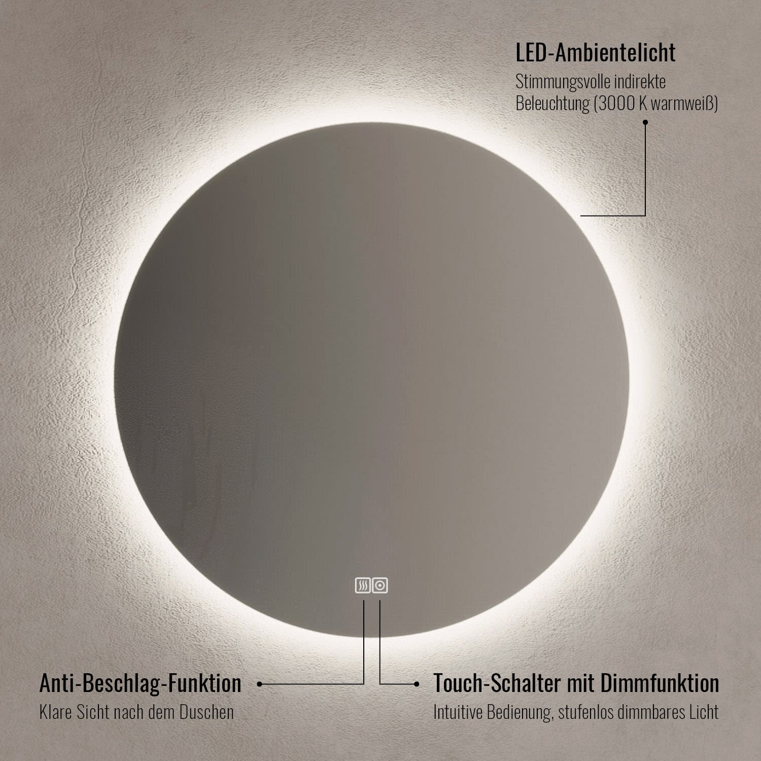 Kronenbach Moon Badspiegel Ø 60 cm mit Spiegelheizung und LED-Treiber, Spiegel, KBM60,