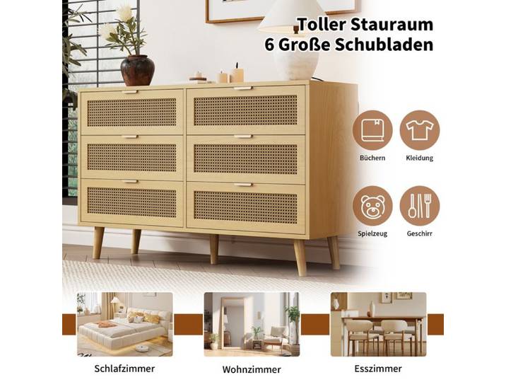 Commode avec 6 tiroirs: Commode de tiroirs avec poignées métalliques Armoire à tiroirs Sideboard en bois Pour chambre à coucher