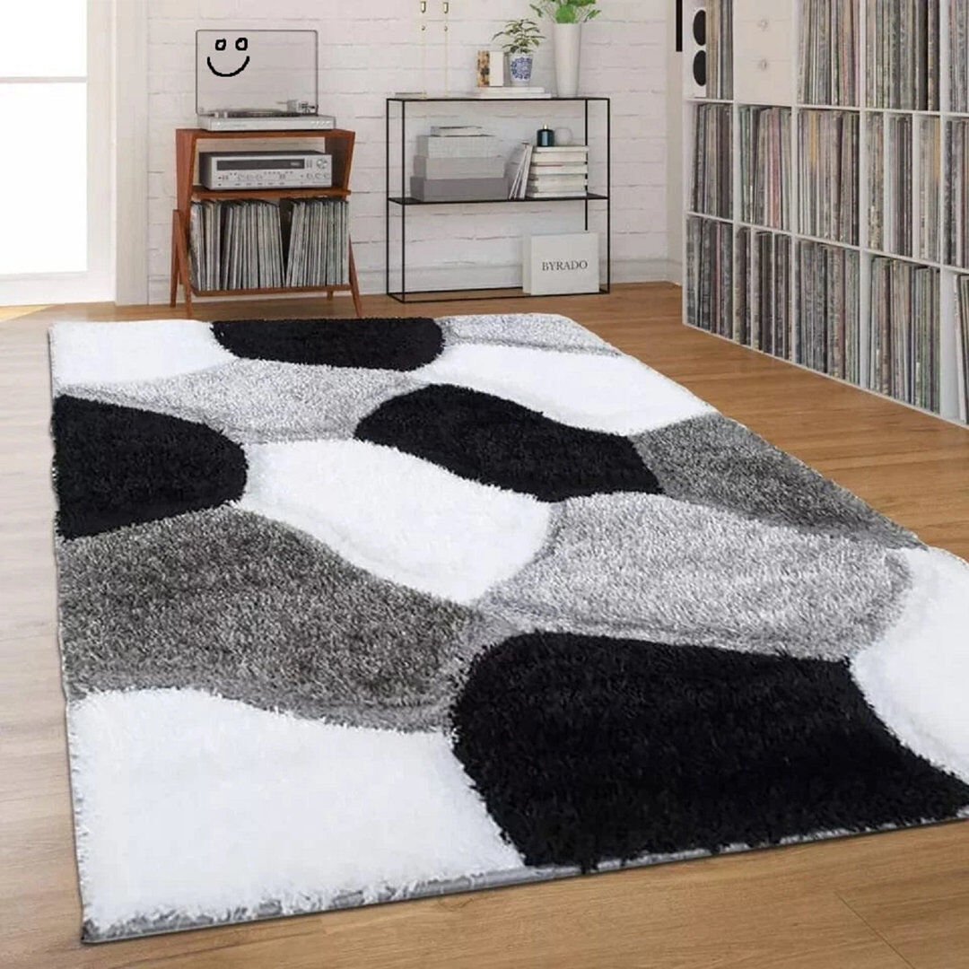 17 Stories Rectangle Geometric and Geometric Shapes Shag Black White Rectangle 200 x 290 cm