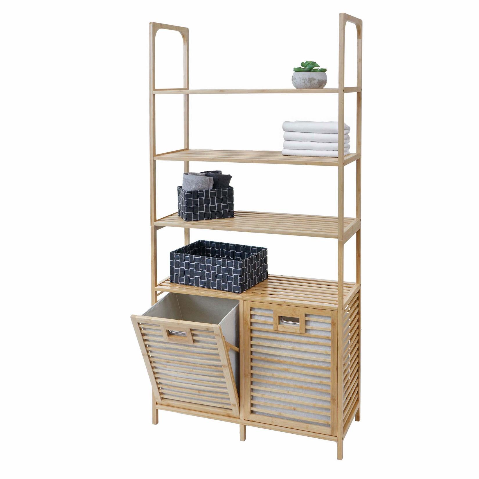 Bambus-Badezimmerschrank MCW-N83, Regal Badschrank, 2 Wäschekörbe 4 Regalböden MVG 168x81x33cm ~ natur, Korb hellgrau