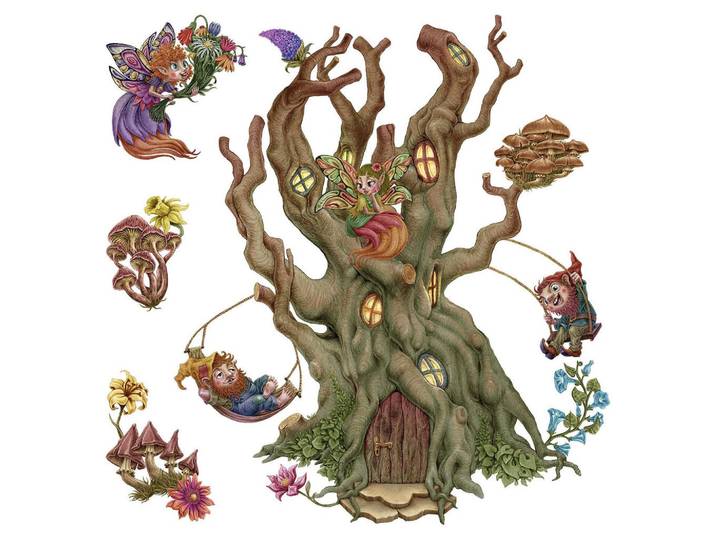 Wallfluent Wandaufkleber 130x209cm - Feenwald, Mehrfarbig, Kunststoff, Rechteckig, 130x209x0.1 cm, Tapeten & Wandverkleidungen, Wandtattoos & Sticker, Wandtattoos