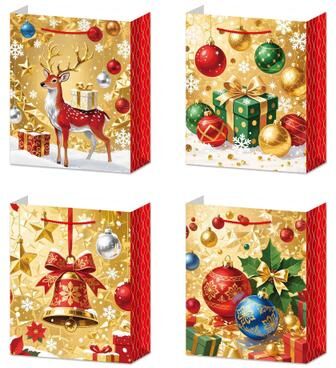 IH Casa Decor Christmas Gift Bags Gold with Red Side Panels Assorted 3X Large- Set of 12