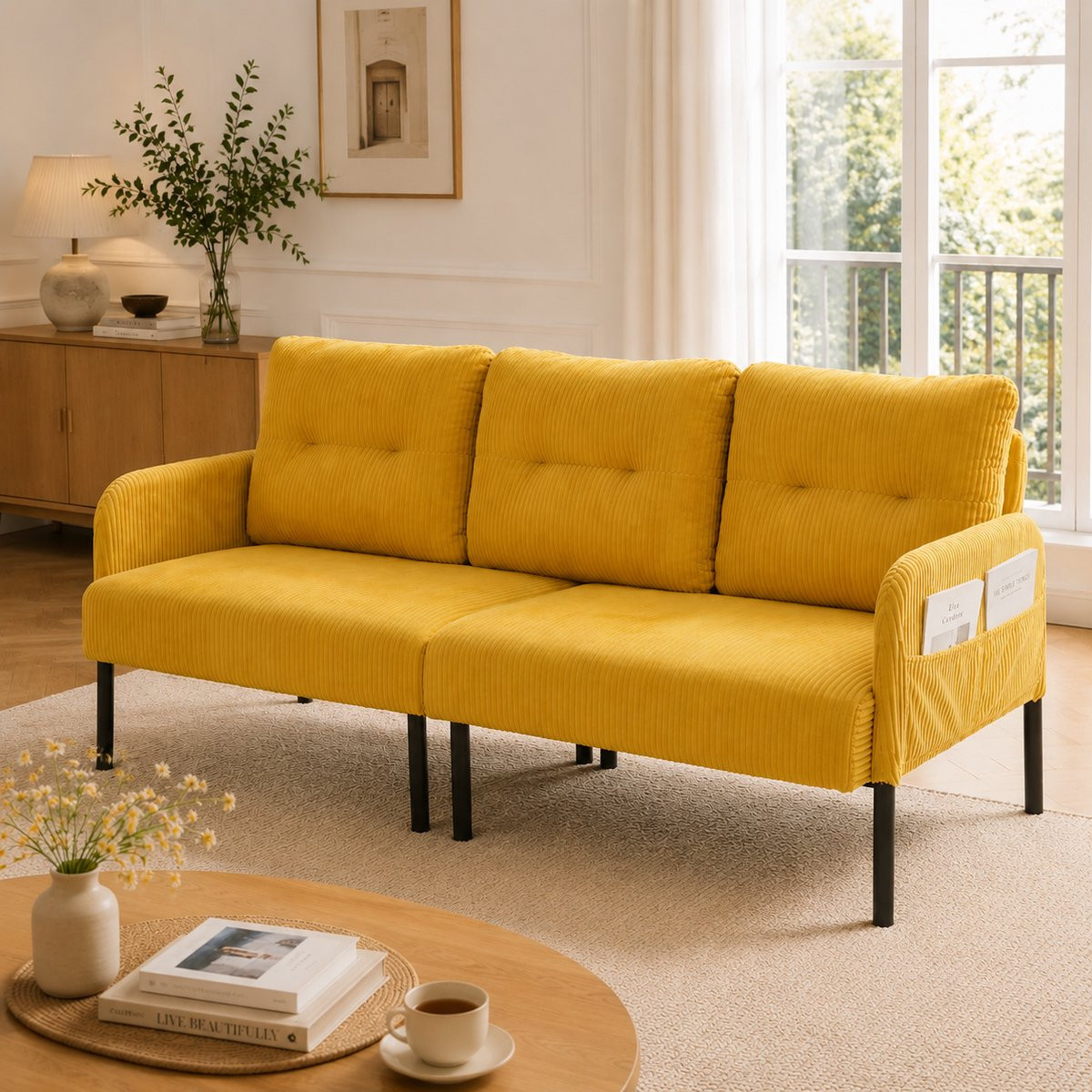 Moderne 3-zits corduroy loungebank met zijvakken