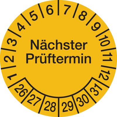 Prüfplakette ab 26, Nächster Prüftermin, gelb/schwarz - Spenderbox à 500 Stück - 30 mm Folie selbstklebend
