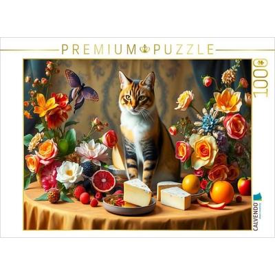 CALVENDO Puzzle Katze auf Tisch mit Blumen und Obst im Stil der Alten Meister | 1000 Teile Lege-Größe 64x48cm Foto-Puzzle für glückliche Stunden