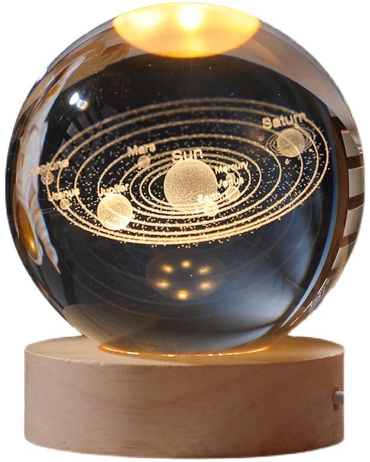 3D Kristallen Bol Nachtlampje met Planeten en Houten Standaard - Decoratief Ornament voor Sfeervolle Verlichting - 6 cm