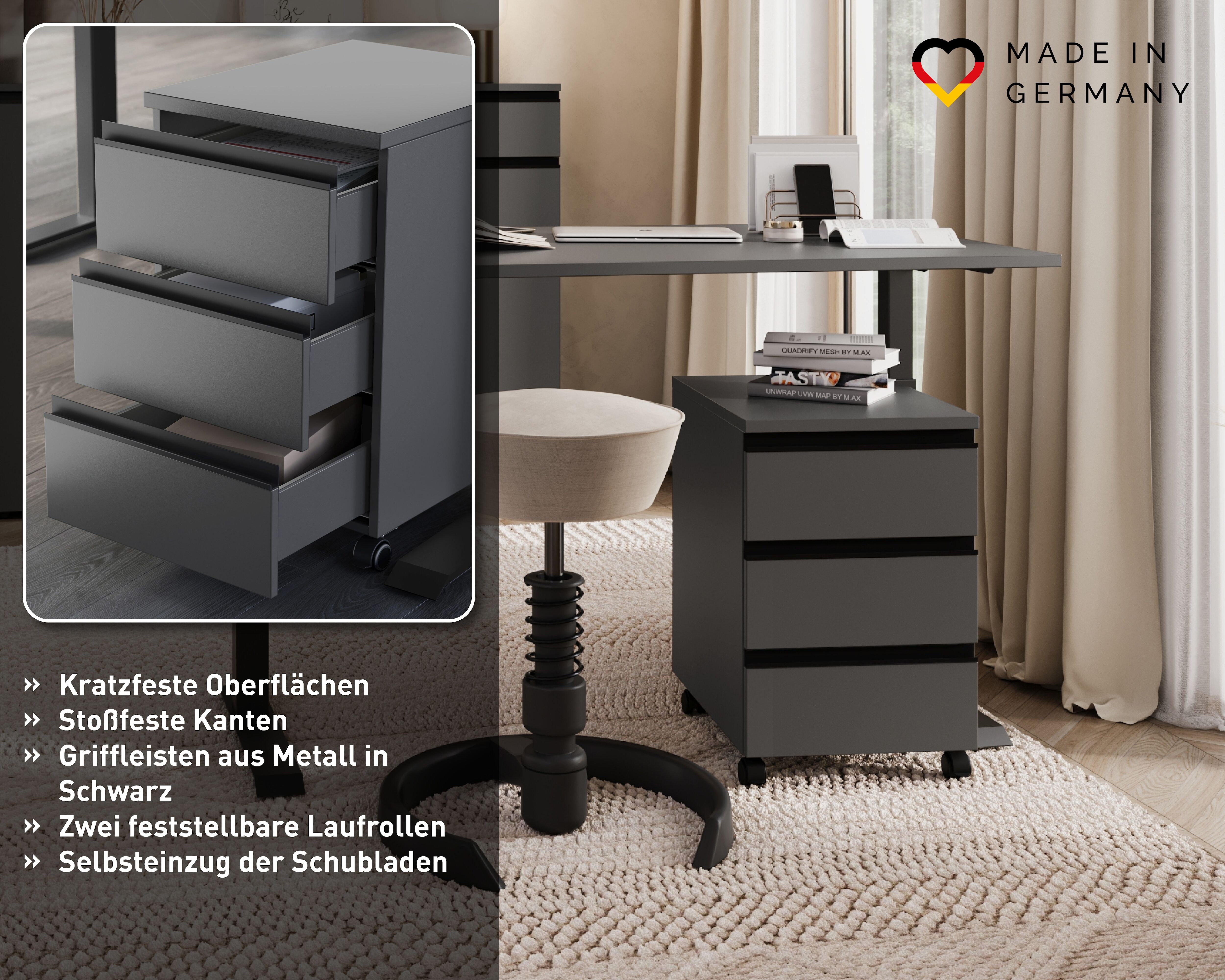 Rollcontainer GERMANIA "GW-Agenda Rollcontainer", grau (graphit, grandson, eiche, nachbildung), B:42cm H:61cm T:49cm, Holzwerkstoff, Rollwagen, Rollcontainer, mit abschliessbarer Schublade graphit, grandson, eiche, nachbildung B/H/T: 42cm x 61cm x 49cm