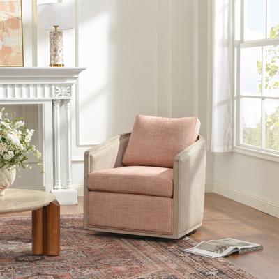 KINWELL Linen-Blend & Cane Solid Wood Frame Swivel Accent Chair