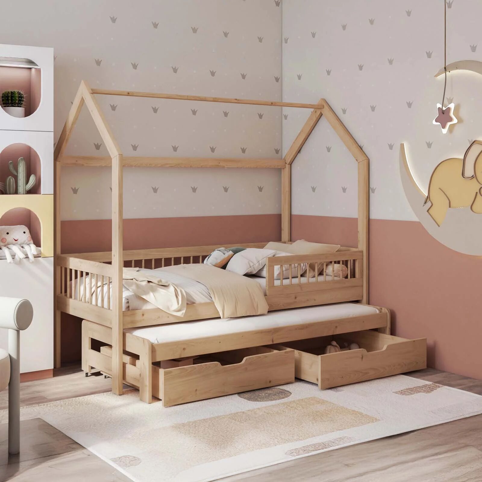 garneroarredamenti Letto bambini Montessori a casetta 90x200cm con letto estraibile e cassettoni rovere Homy