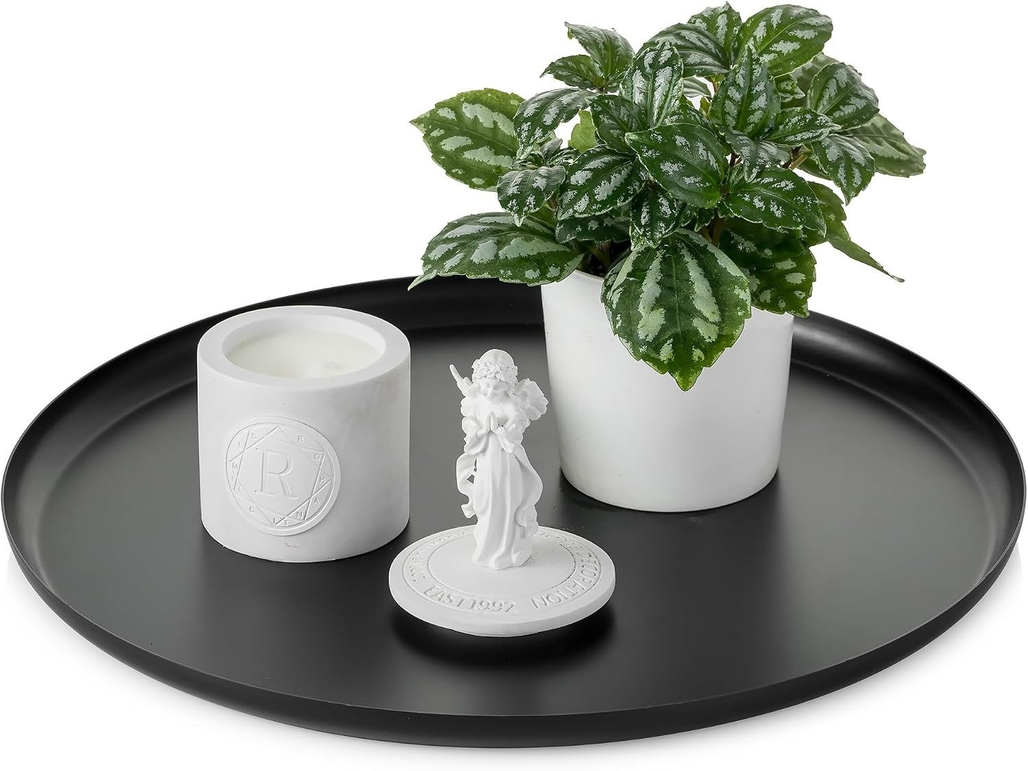 Decoratief rond metalen dienblad zwart, diameter 32 cm