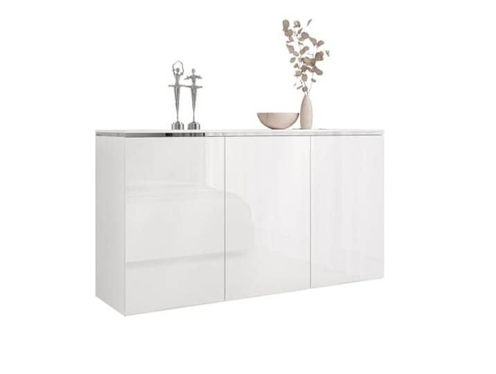 Lookway Kommode Aurora Silver 3D Weiß Hochglanz mit Silberdekor, Hängend oder Stehend auf Silberfüßen – Modernes Design & Luxus (Hängend)