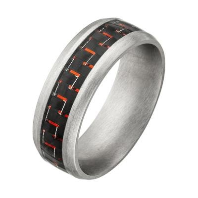 Fingerring JOBO Gr. 64, silber (edelstahlfarben), Fingerringe, Herren, 64, Edelstahl, Fingerring, Edelstahl matt mit Carbon und roten Effekten