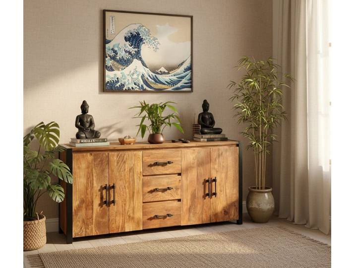 OPIUM OUTLET Kommode Sideboard Schrank Konsole Metallrahmen Massivholz komplett montiert (Möbel aus Massivholz, Asia Möbel, Anrichte), Echtholz, Massivholz mit sichtbarer Maserung, sehr schweres Möbelstück