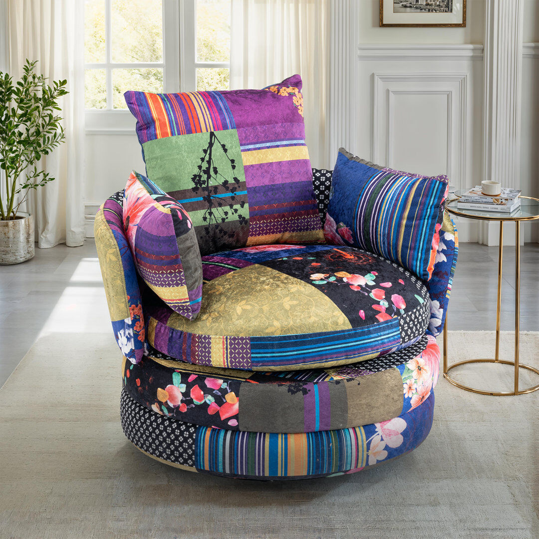 Lark Manor Velvet Swivel Barrel Chair Purple 86cm H X 88cm W X 87cm D