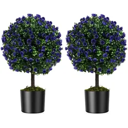 COSTWAY 2x 55cm künstliche Buchsbaumkugeln mit lila Rosenblüten & Topf, grüne Zimmerdekopflanzen
