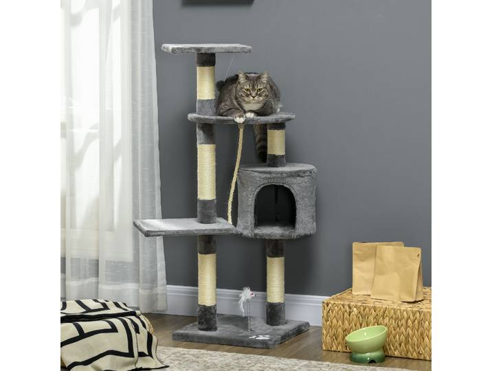 PawHut Arbre à Chats 116cm Gris Foncé avec Sisal et Cabane