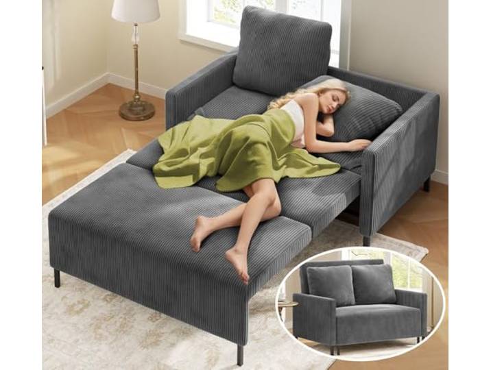 Domusensus Schlafsofa, 120CM Cord Sofa mit Schlaffunktion, 2 Sitzer Sofa Schlafcouch 53CM Extra Tiefe Sitze, Couch mit schlaffunktion, Klein Sofa 2 Sitzer, Schlafzimmer Sofas fürs Büro 2 Kissen,Grau