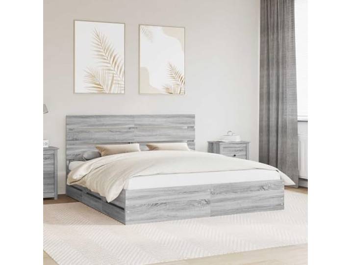 RJPLMFV Bettgestell, Grau, Sonoma, 200 x 200 cm, Holz, Technik Mit Aufbewahrungsschubladen, festen Latten, modernes Design, einfache Pflege