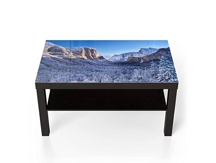 DEQORI Glastisch schwarz groß 90x50 cm Motiv Yosemite im Winter ausgefallener Beistelltisch aus Glas Hochglanz Couchtisch fürs Wohnzimmer moderner Couch Tisch mit Design