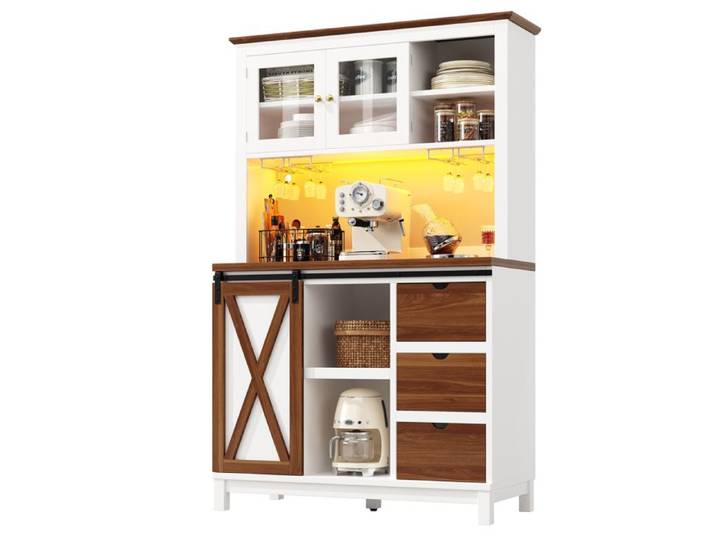 Buffet de cuisine - Porte coulissante style grange - LED APP mode musique - 3 tiroirs - 104×40×180 cm