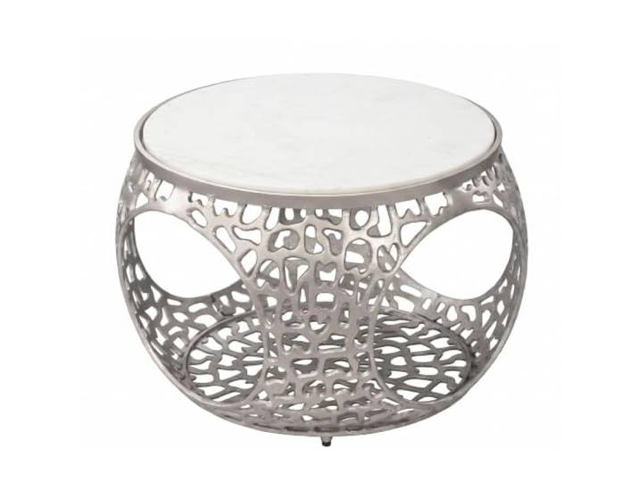 FineBuy Couchtisch 60x45cm Echter Marmor Weiß Alu Silber Handgefertigt Runder Beistelltisch, Sofatisch mit Marmorplatte, Wohnzimmertisch aus Metall, Ablagetisch mit Stauraum