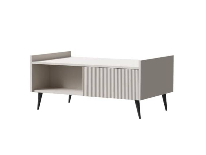 BEAUTY SOFA Couchtisch AMFALI 100 cm mit Stauraum, Wohnzimmertisch mit geriffelter MDF-Front, Push-to-Open, offenem Ablagefach und schwarzen Metallbeinen, Cashmere