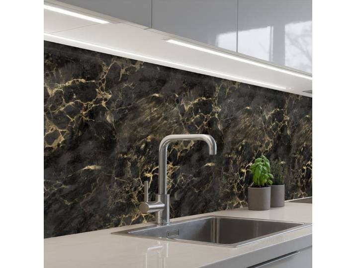 Crédence Décorative de Cuisine - Décoration Murale - Motif Noir - Marbre - Or - Nerf 250x60 cm - KitchenYeah