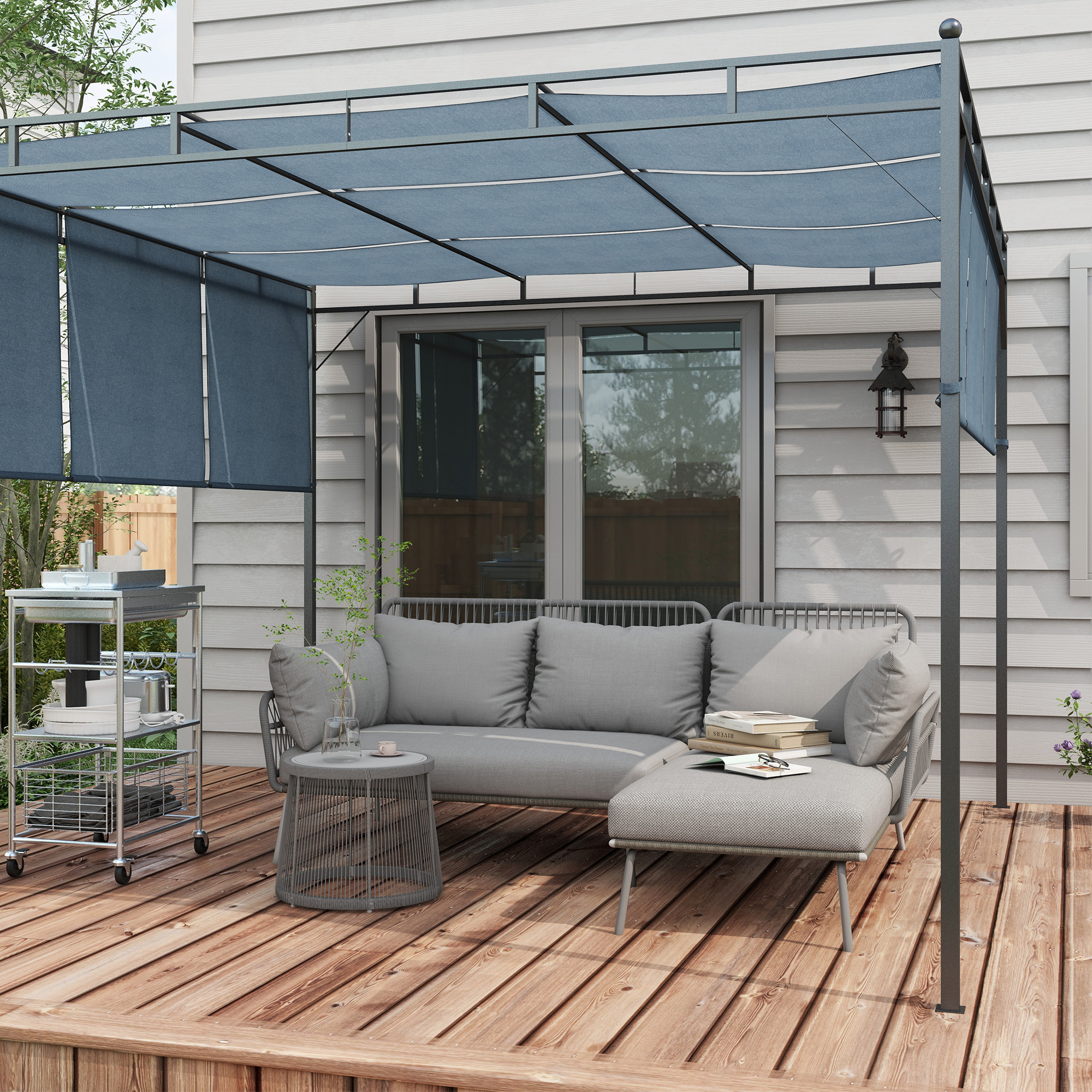 Outsunny Set da Giardino in Rattan PE Stile Boho, Divano 2 Posti con Chaise Longue e Tavolino, Grigio Chiaro