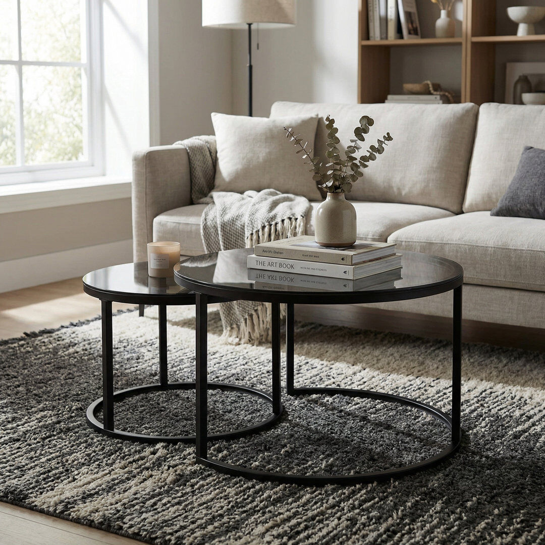 Borough Wharf Alayn Nest of 2 Frame Black Coffee Tables with Glass Top Gray 42cm H X 70cm W X 70cm D